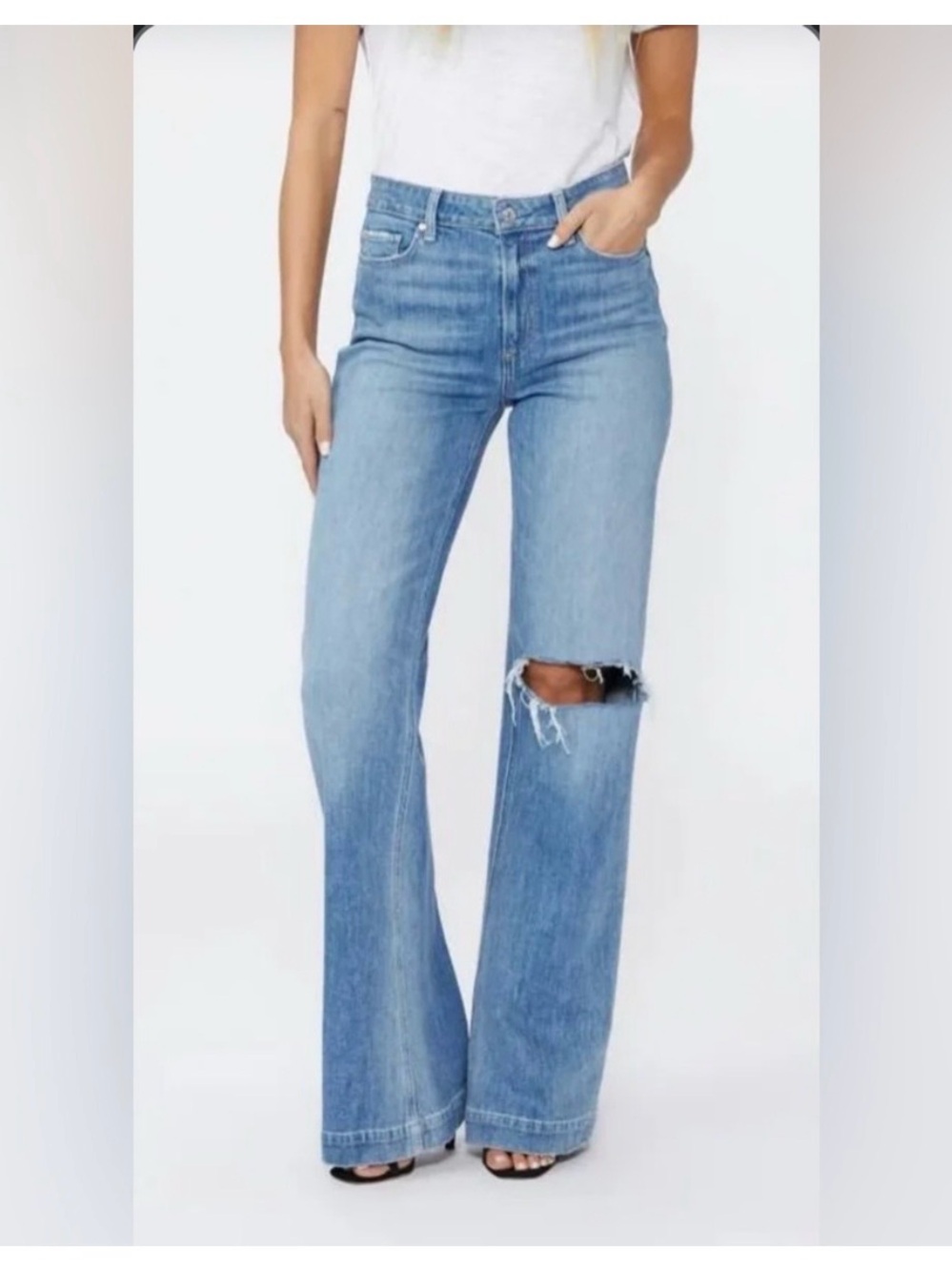 PAIGE LEENAH HIGH RISE WIDE LEG TROUSER PEACE OUT DESTRUCTED JEANS. Sz23x30